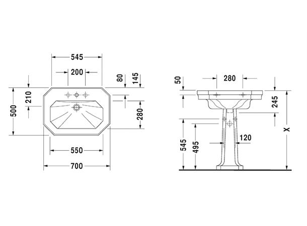 Duravit 1930 Serien Vegghengt Servant - 3 kranhull - 70x50cm - Hvit