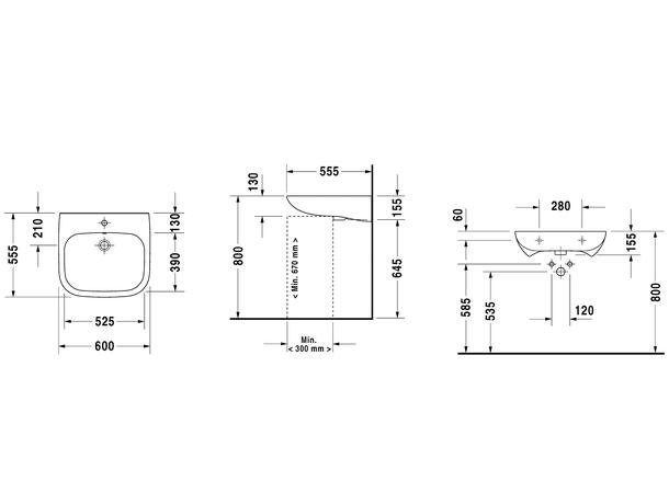 Duravit D-Code Vital Vegghengt Servant - 1 kranhull - 60x55.5cm - Hvit -