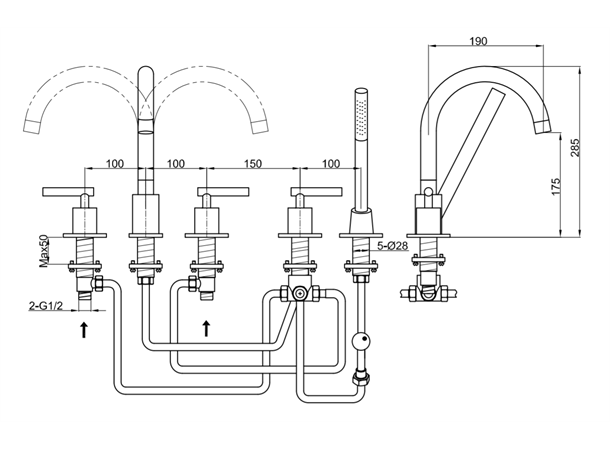 Kohlman Kar-/dusjbatteri Roxin 5-hulls - Krom -