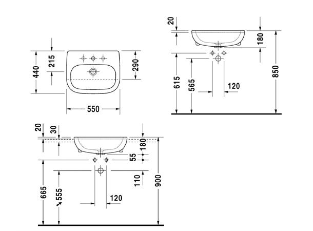 Duravit D-Code Delvis Nedfelt servant - 3 kranhull - 55x44cm - Hvit -