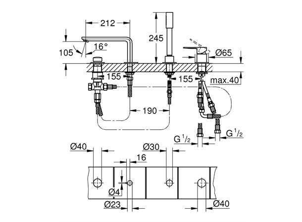 Grohe Kar-/dusjbatteri Lineare 4-hulls - Krom -