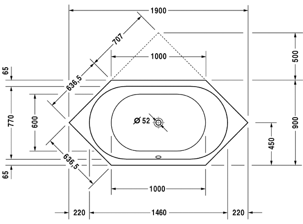 Badekar Duravit D-Code 6-kantet 190x90 cm hvit