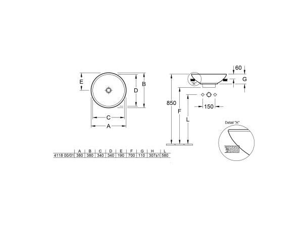 Delvisnedfelt servant V&B Loop & Friends - Uten kranhull - Weiss Alpin - Ø 38cm -