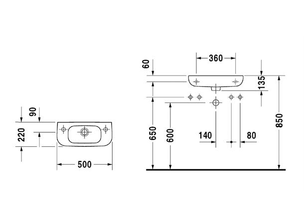 Duravit D-Code Vegghengt Servant -1 kranhull til venstre - 50x22cm - Hvit