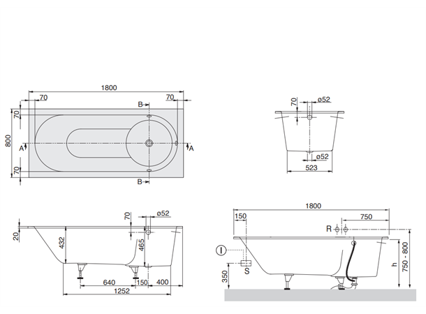 Badekar V&B Libra 180x80cm hvit