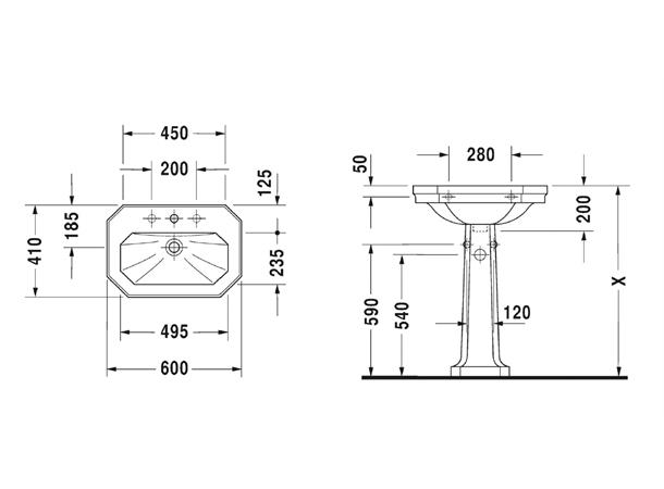 Duravit 1930 Serien Vegghengt Servant - 3 kranhull - 60x41cm - Hvit