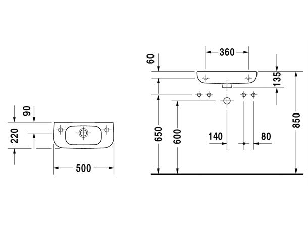 Duravit D-Code Vegghengt Servant -1 kranhull høyre side - 50x22cm - Hvit