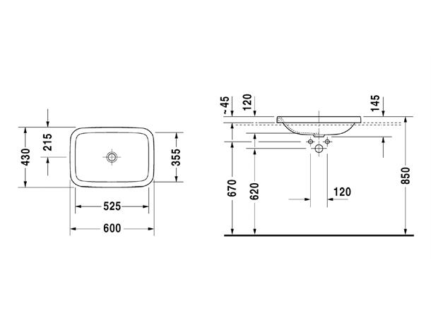 Duravit DuraStyle Nedfelt servant - Uten kranhull - 60x43cm - Hvit -