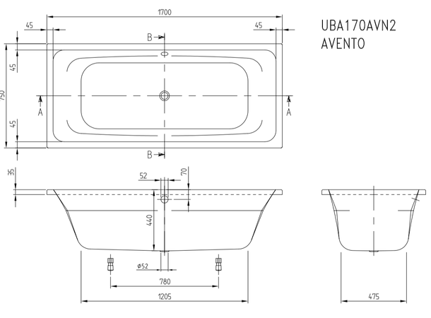 Badekar V&B Avento 170x75cm hvit