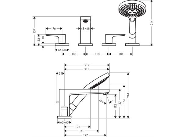 Hansgrohe Kar-/dusjbatteri Metropol 4-hulls til karkant - Krom -