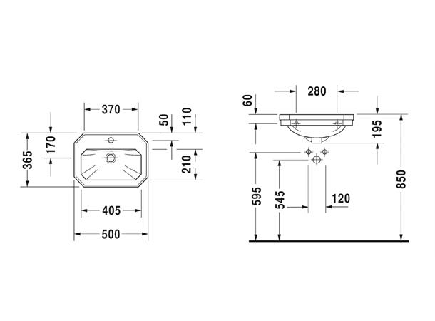 Duravit 1930 Serien Vegghengt Servant - 1 kranhull - 50x36.5cm - Hvit