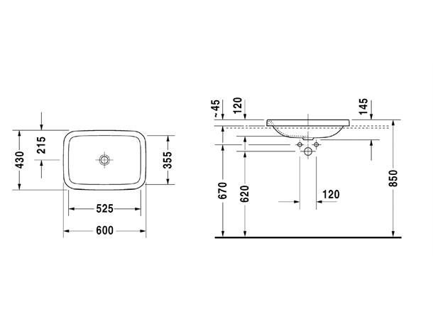 Duravit DuraStyle Nedfelt servant - Uten kranhull - WonderGliss - 60x43cm