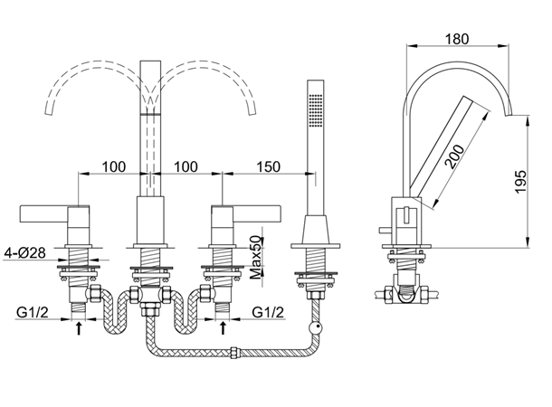 Kar-/dusjbatteri Kohlman Dexame Med dusjsett - 4-hulls - Krom -