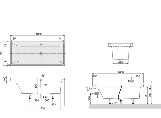 Badekar V&B Squaro 180x80cm hvit