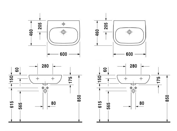 Duravit D-Code Sykehusmodell - 1 kranhull - 60x46cm - Hvit -