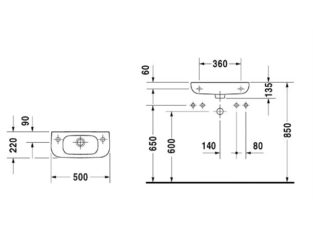 Duravit D-Code Vegghengt Servant - Uten kranhull - 50x22cm - Hvit -