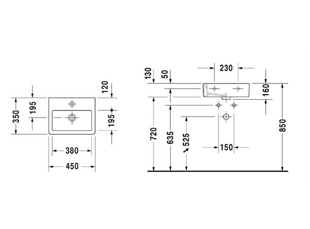 Duravit Vero Sykehusmodell - 1 kranhull - 45x35cm - Hvit -