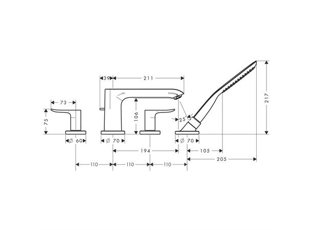 Hansgrohe Badekarbatteri Metris 4-hulls til karkant - Krom -