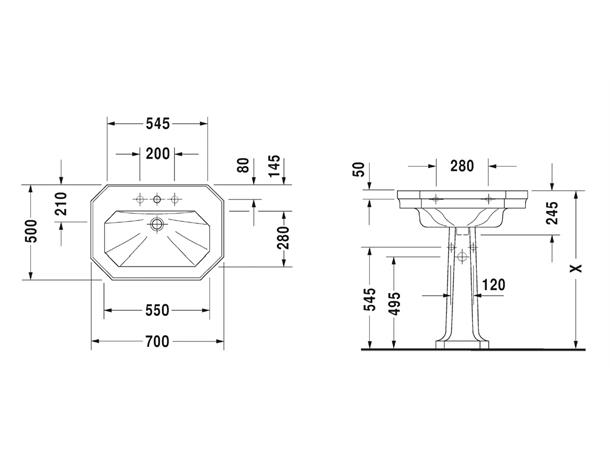 Duravit 1930 Serien Vegghengt Servant - 3 kranhull - 70x50cm - Hvit