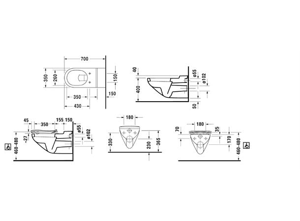 Vegghengt toalett Duravit Architec Til bevegelseshemmede - 70x35 cm - Hvit