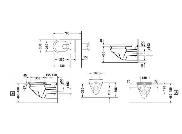 Vegghengt toalett Duravit Architec Til bevegelseshemmede - 70x35 cm - Hvit