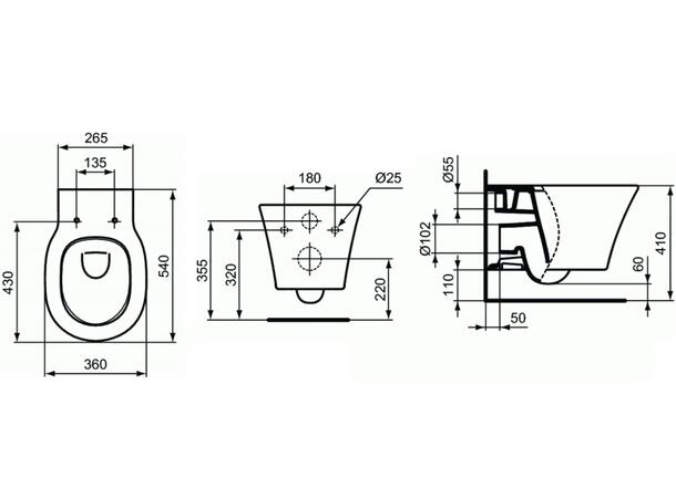 Vegghengt toalett Ideal Standard 36x54cm - Uten lokk - Connect Air - Hvit