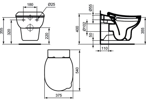 Vegghengt toalett Ideal Standard Contour 37.5x54 cm - Rimless - For barn - Hvit