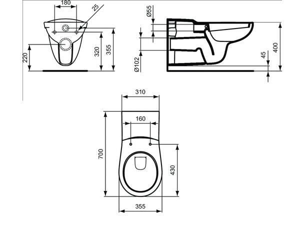 Vegghengt toalett Ideal Standard Rimless 35.5x70cm - For funksjonshemmede - Hvit