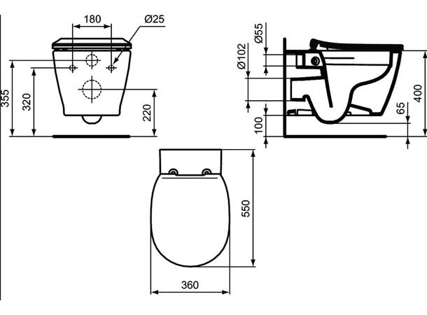 Vegghengt toalett Ideal Standard Connect 36x55cm - Rimless - Uten lokk - Hvit