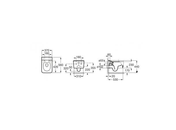 Vegghengt toalett Roca Inspira Square 37x56cm - Rimless - Uten lokk - Hvit