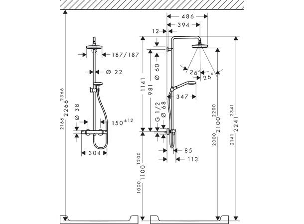 Dusjsystem Hansgrohe Croma Select E 180 2jet Med termostat hvit/krom