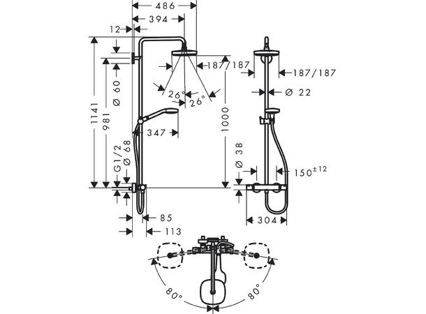 Dusjsystem Hansgrohe Croma Select E 180 2jet Med termostat hvit/krom