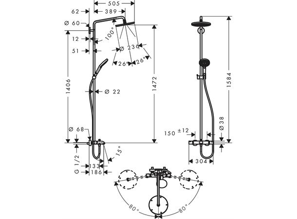 Dusjsystem Hansgrohe Raindance S 240 Air Med kartermostat krom