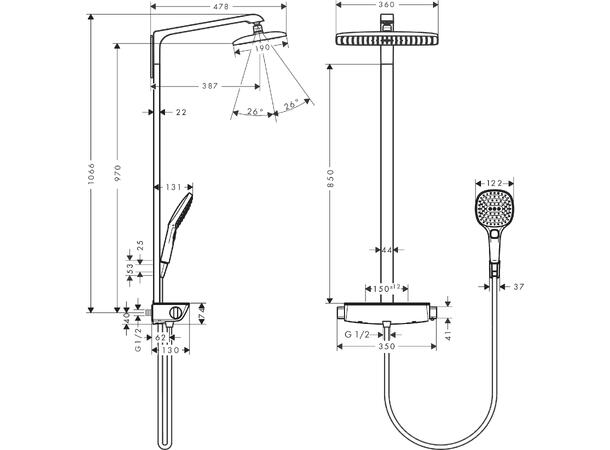 Dusjsystem Hansgrohe Raindance Select E 360 1jet Med termostat hvit/krom