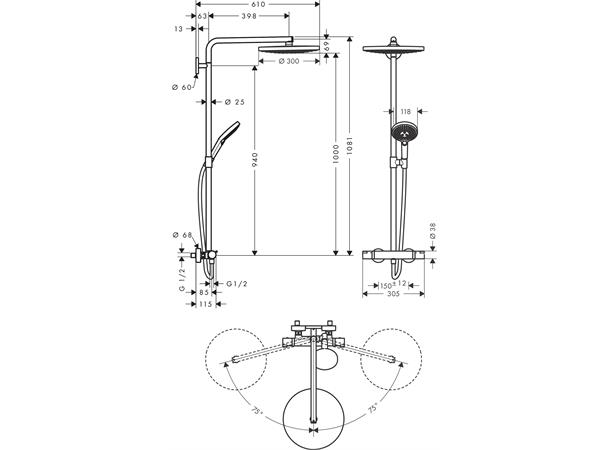 Dusjsystem Hansgrohe Raindance Select S 300 2jet Med termostat hvit/krom