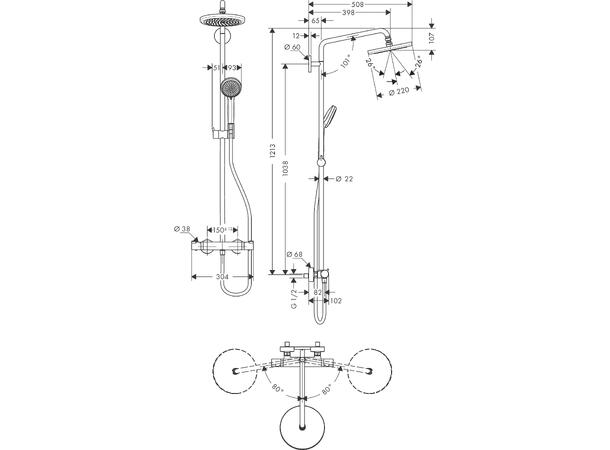 Dusjsystem Hansgrohe Croma 220 1jet Med termostat krom