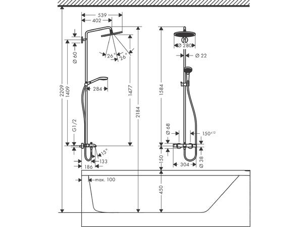 Dusjsystem Hansgrohe Croma Select S 280 1jet Med kartermostat krom