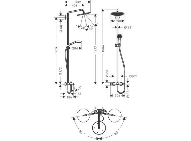 Dusjsystem Hansgrohe Croma Select S 280 1jet Med kartermostat krom