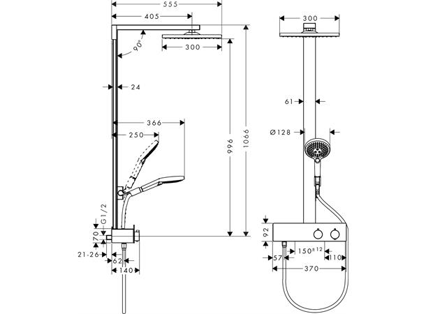 Dusjsystem Hansgrohe  Raindance E 300 1jet 350 Med termostat krom