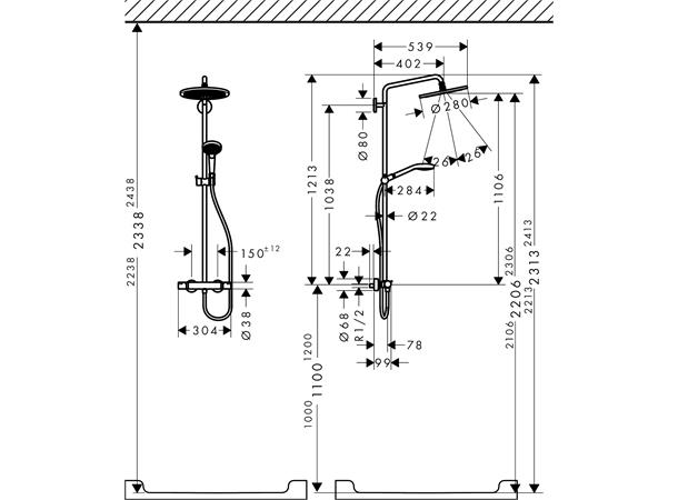 Dusjsystem Hansgrohe Croma 280 1jet Med termostat krom