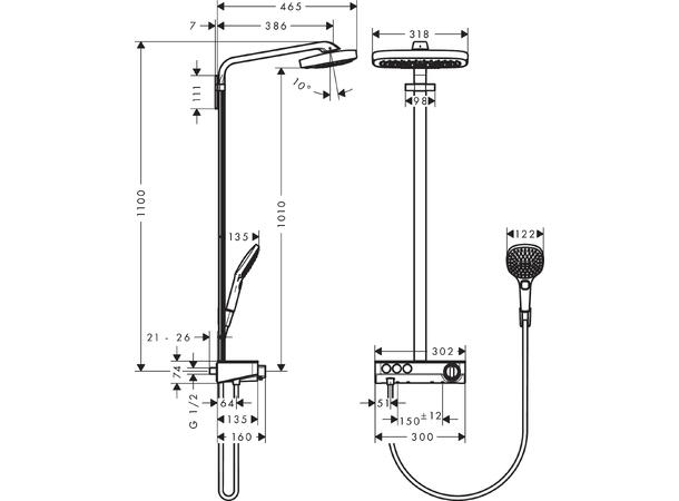 Dusjsystem Hansgrohe Raindance Select E 3jet Med termostat hvit/krom