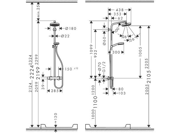 Dusjsystem Crometta 160 Hansgrohe Med termostat 1jet EcoSmart Hvit/krom