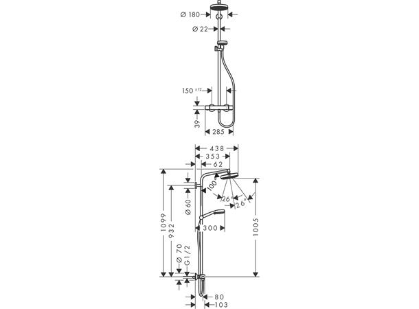 Dusjsystem Crometta 160 Hansgrohe Med termostat 1jet EcoSmart Hvit/krom