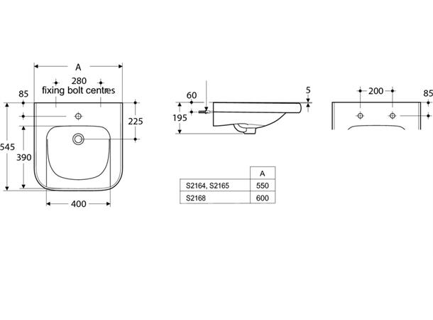 Vegghengt Servant Ideal Standard Contour 21 60x54 cm for funksjonshemmede