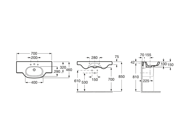 Vegghengt Servant Roca Meridian-N med benkeplate 70 x 46 cm