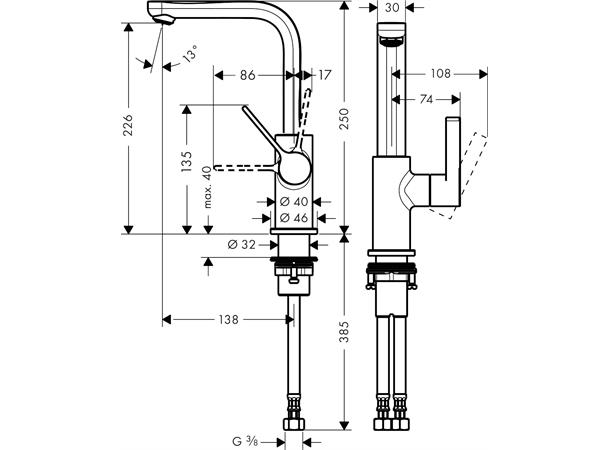 Servantbatteri Hansgrohe Metris S 230 Med svingtut og push-open bunnventil