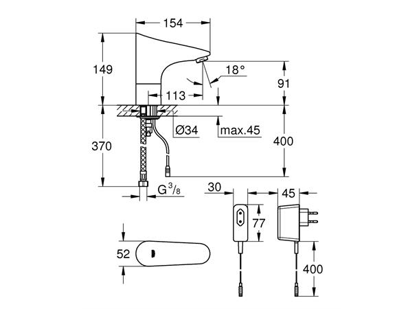 Elektronisk Servantbatteri Grohe Europlus E 1/2" uten blandebatteri Krom