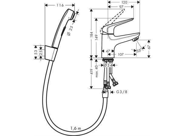 Servantbatteri Hansgrohe Novus - Krom - Med bidettedusj og 160 cm dusjslange