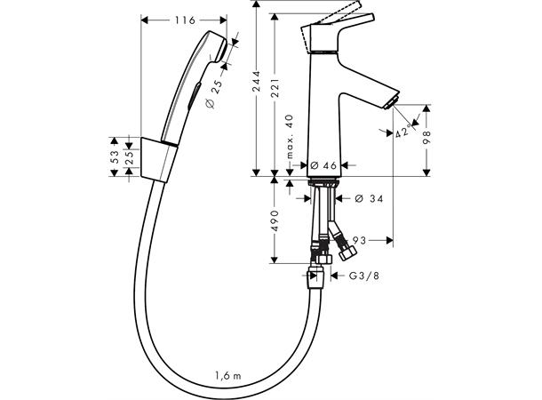 Servantbatteri Hansgrohe Talis S Krom Med bidettedusj og 160 cm dusjslange