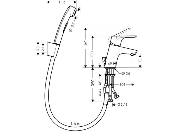 Servantbatteri Hansgrohe Focus 70 Krom Med bidettedusj og 160 cm dusjslange